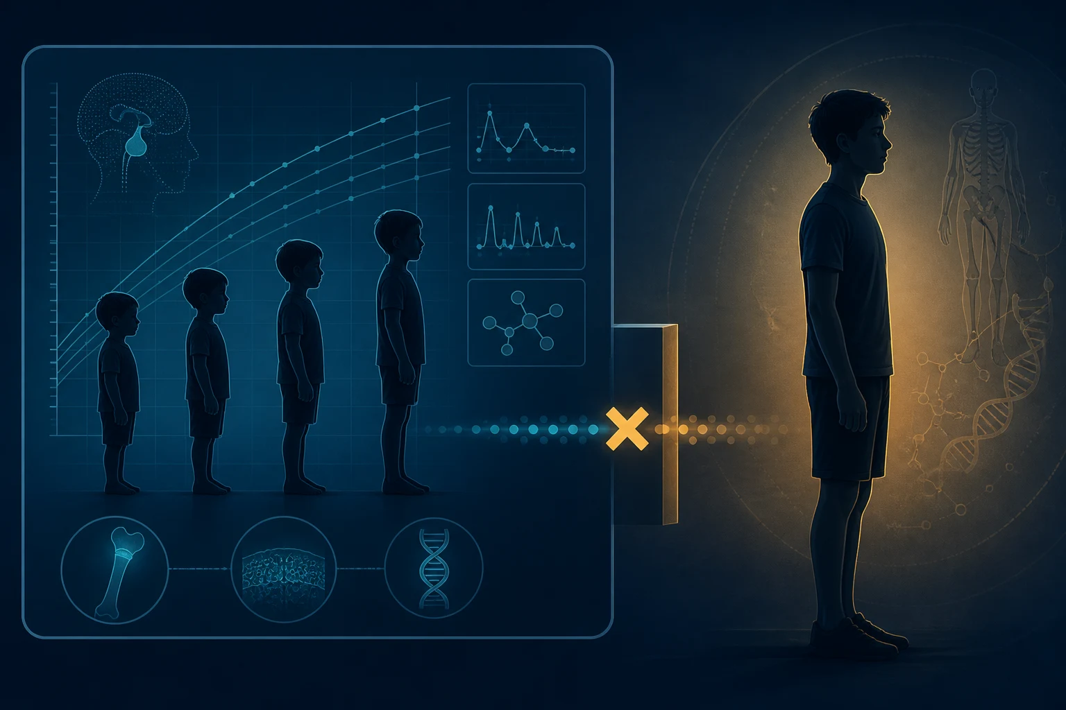 A pediatric study box progresses through prepubertal stages but stops at a hard evidence boundary before an adolescent profile; no regimen or developmental conclusion is implied.