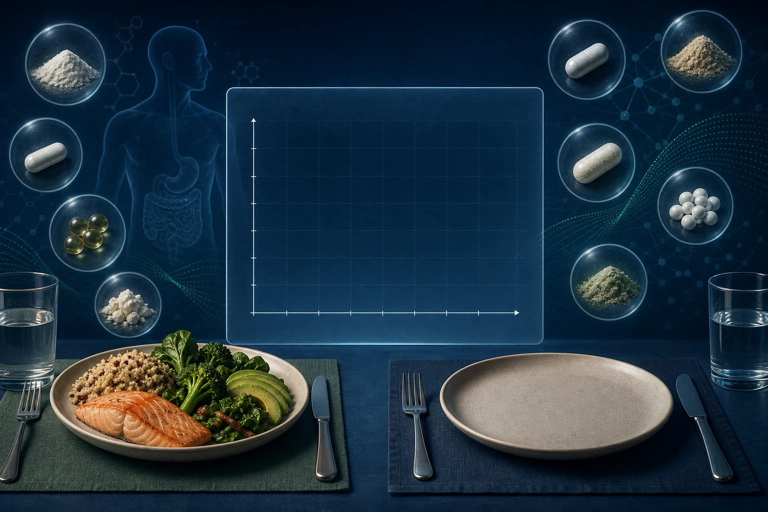 Fed and fasted meal states face an unfilled exposure graph while disconnected abstract supplement forms remain outside the tested evidence frame.