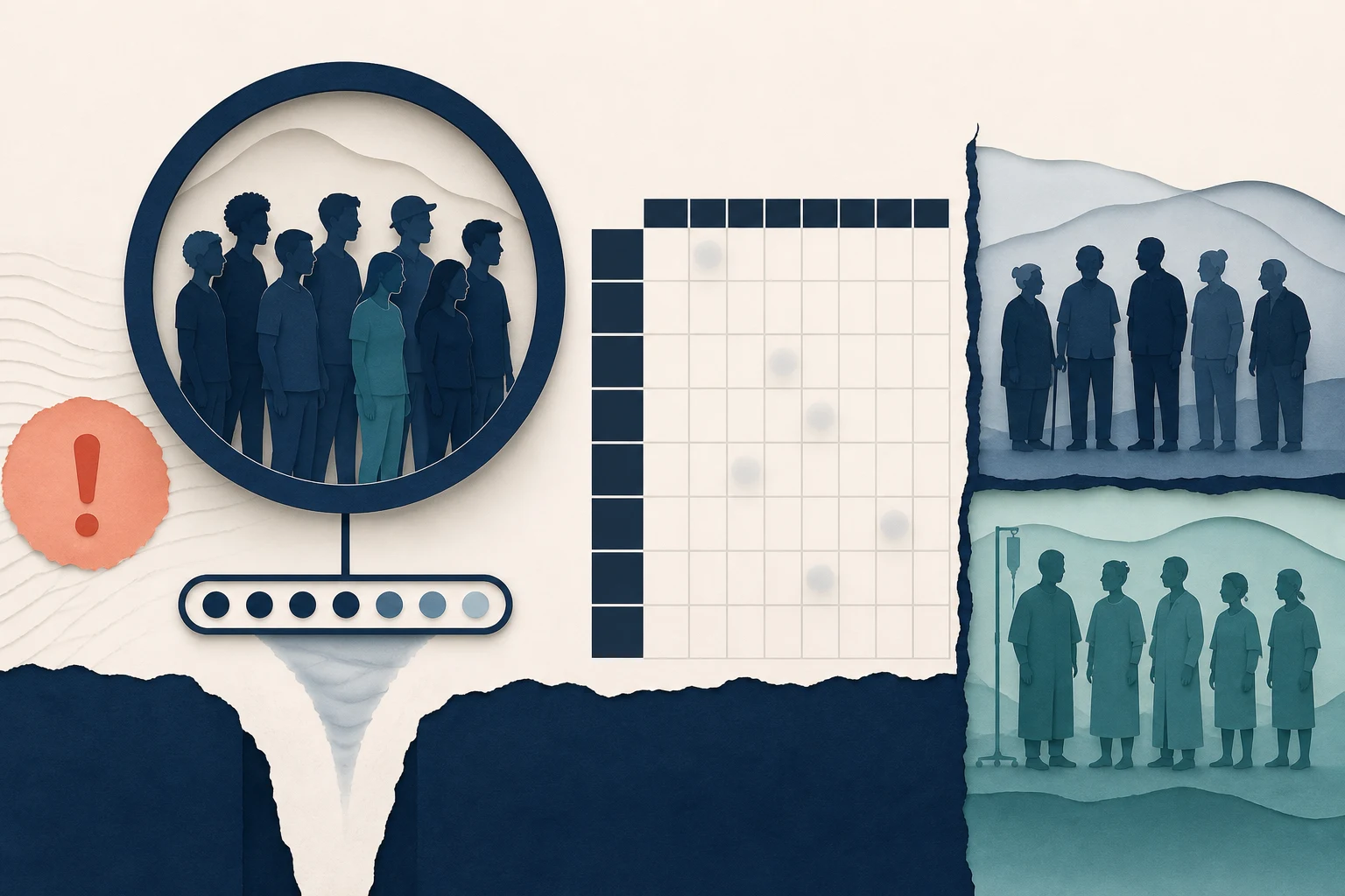 Nine young adults sit inside a seven-dot observation window beside a sparse safety matrix, while older and post-surgical cohorts remain visibly separated.
