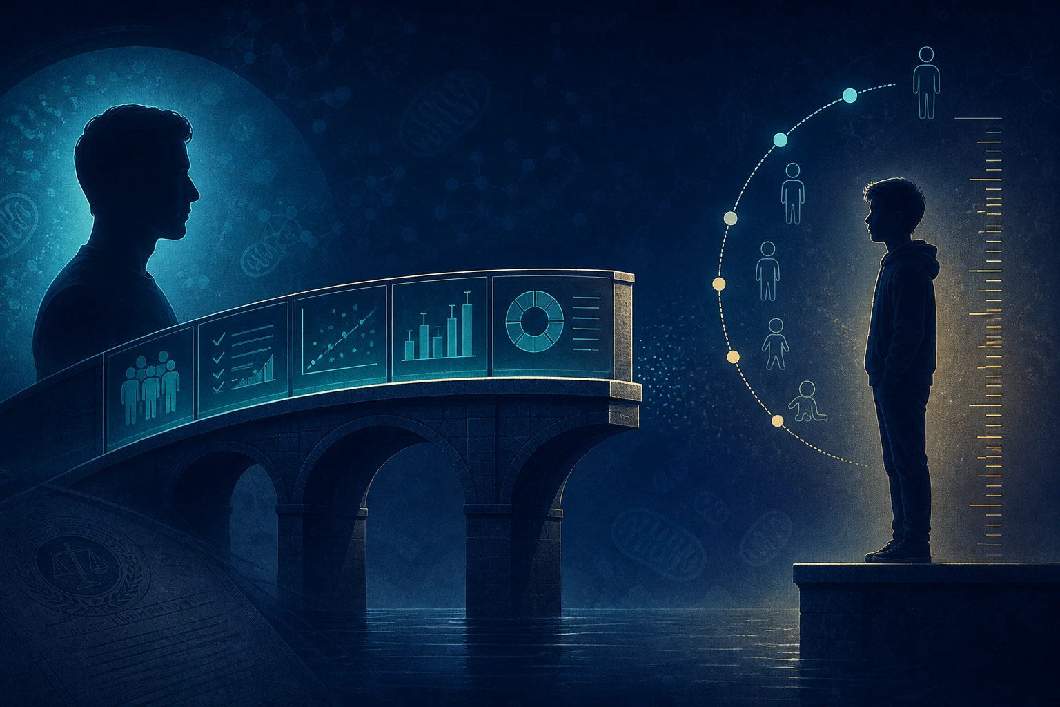 An adult clinical evidence bridge ends before an adolescent profile and developmental arc, making the missing pediatric extrapolation visible without a dose claim.