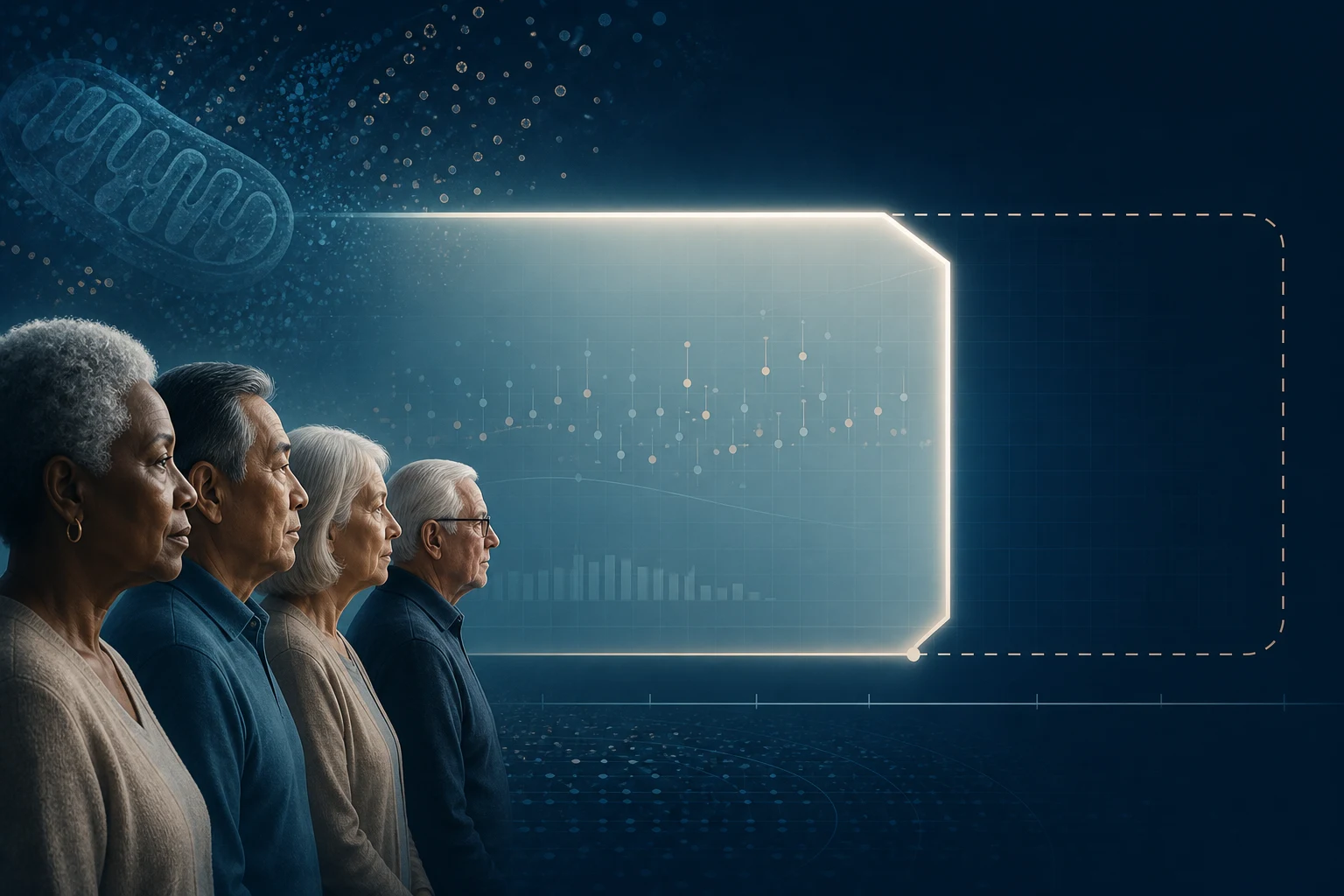 Diverse older-adult profiles face an evidence frame that ends in an unfilled age band, representing absent administered-human evidence after 65 without implying treatment.
