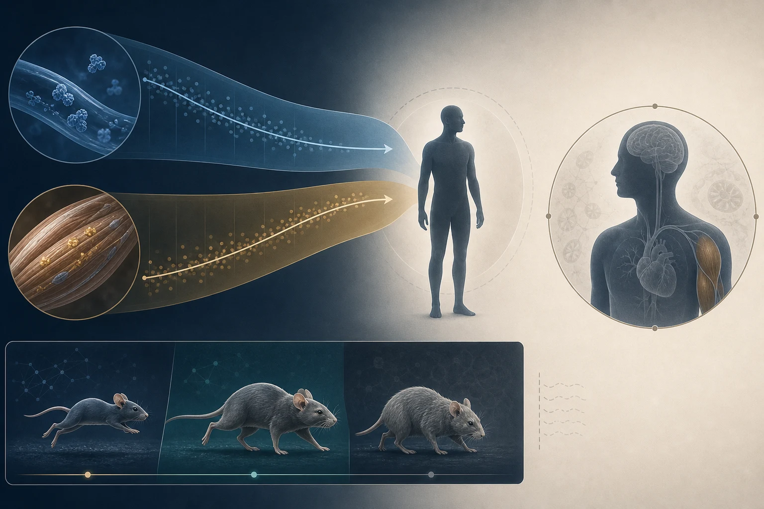 Opposing plasma and muscle age trends converge on a middle-aged silhouette while the mouse-treatment track stops before the human outcome panel.