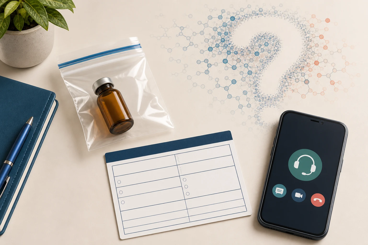 Unlabeled amber vial in an evidence pouch, blank exposure record, and generic help-call interface; no dosing or treatment imagery.