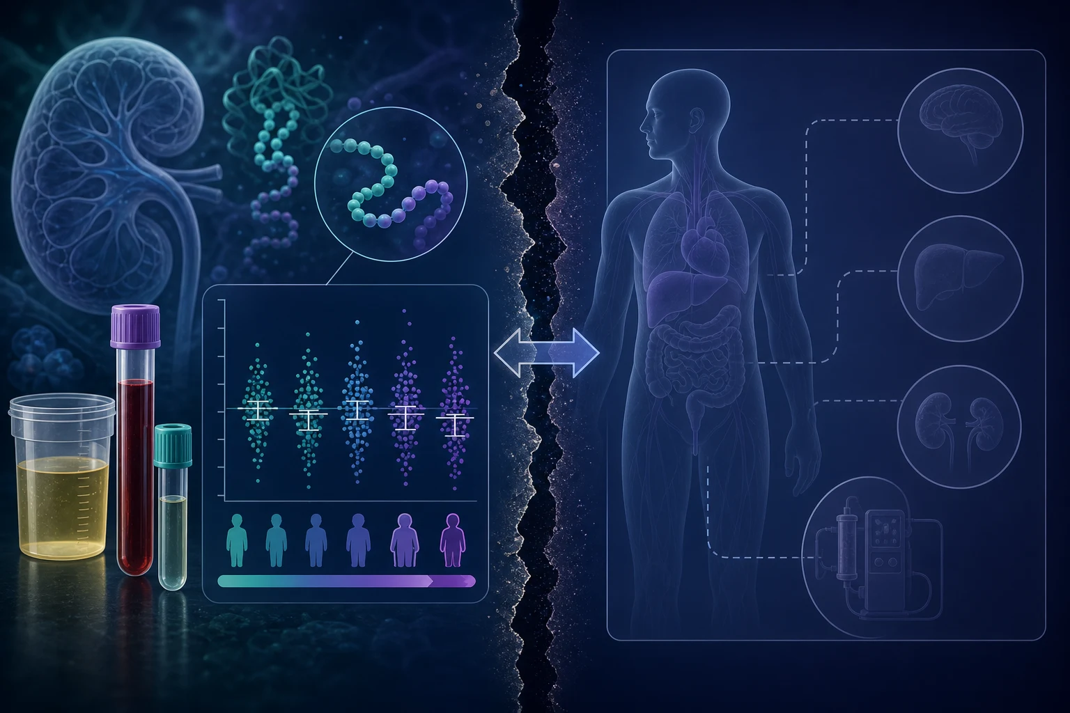 Endogenous kidney biomarker samples remain separated from an unfilled human PK and dialysis panel; no product dose or clearance claim is shown.