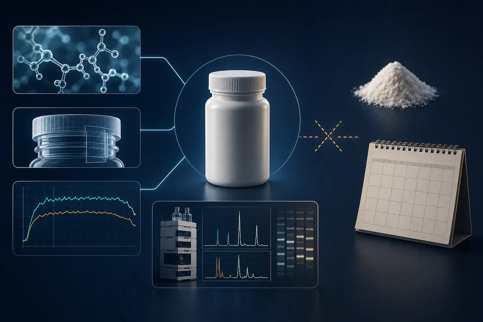 A blank product container is supported by formulation, closure, temperature, and assay evidence while a generic powder and calendar remain disconnected.