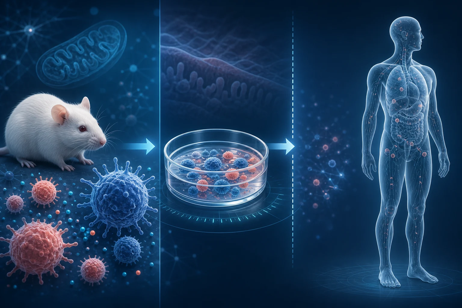 A mouse and immune-cell experiment leads to an ex vivo dish, then stops at a dashed boundary before a human silhouette; no clinical outcome is implied.