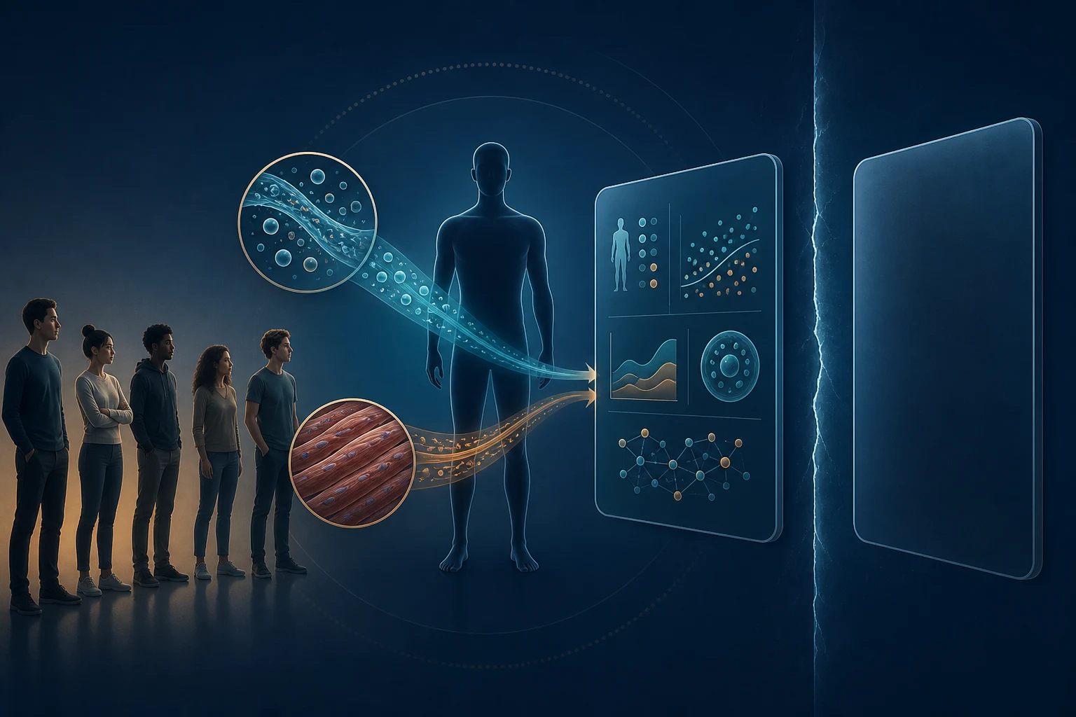 Young-adult plasma and muscle observations reach a research panel, while a separate administered-treatment panel remains empty beyond an evidence gap.