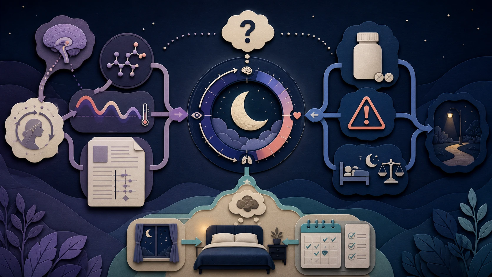 Moon-centered sleep map branching to hormone evidence, an unbranded medicine warning, breathing checks, and behavioral sleep care
