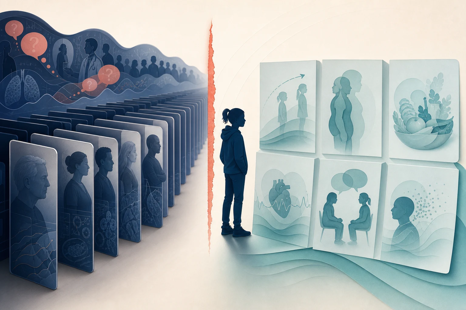 An archive of adult study panels stops before an adolescent figure and a set of unfilled pediatric monitoring domains, making the missing schedule visible.