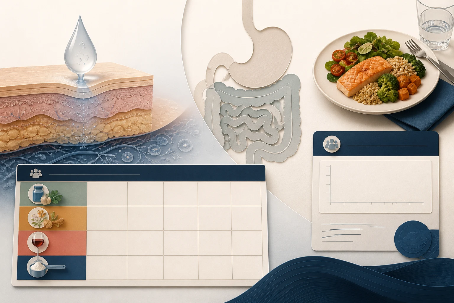 Subcutaneous exposure remains separate from a meal, while an empty supplement matrix and a blank oral-drug pharmacokinetic result card show what has not been established.