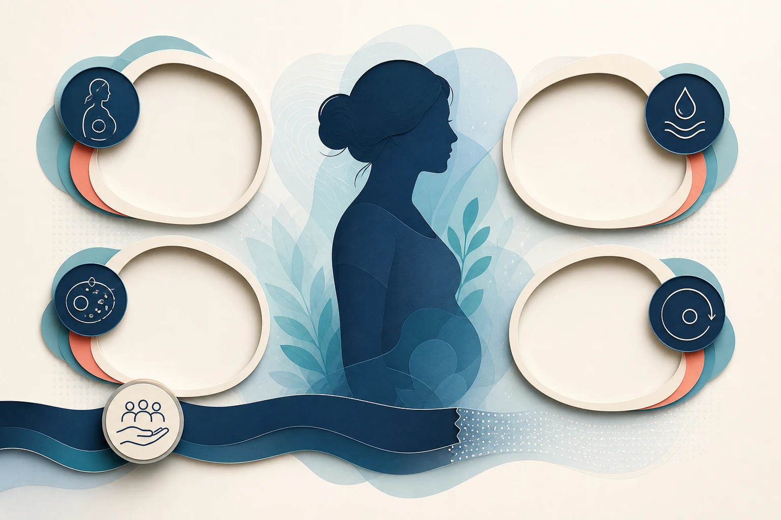 A central adult silhouette sits among four empty evidence windows for pregnancy, lactation, fertility, and preconception, with a class-guidance ribbon ending before product-specific evidence.