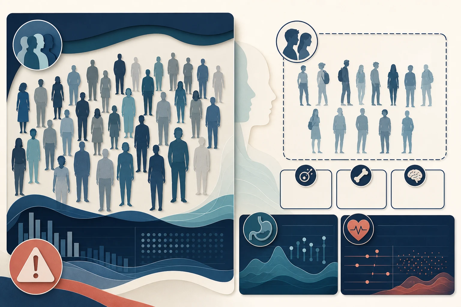 Pooled adult trial findings surround an outlined but unfilled young-adult subgroup, with reported gastrointestinal and heart-rate panels distinct from blank fertility, bone, and mental-health evidence.