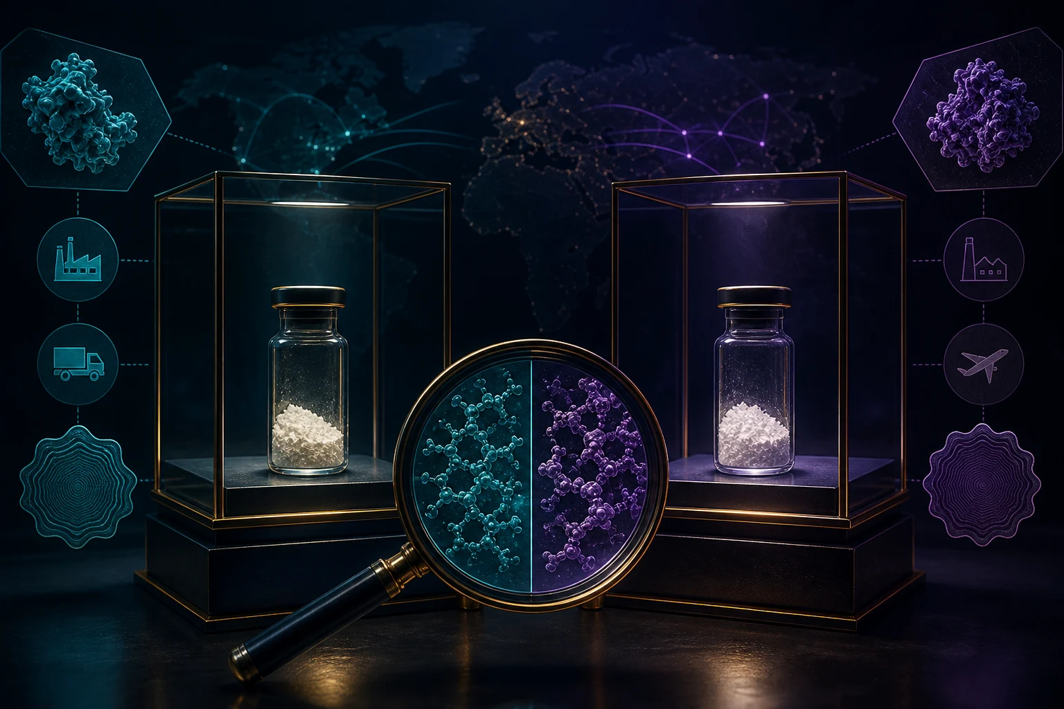 Two visually similar unlabelled vials reveal different molecular, manufacturing, route, and jurisdictional provenance under magnification.