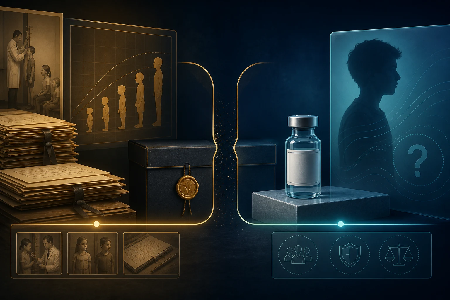 A historical pediatric study archive reaches a sealed discontinuation gap before a blank modern vial, adolescent silhouette, and unresolved evidence panel.