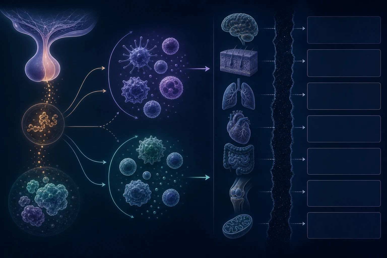 An abstract endocrine signal branches toward opposing immune-cell directions but stops at a visible gap before multiple organs and blank clinical-outcome panels.