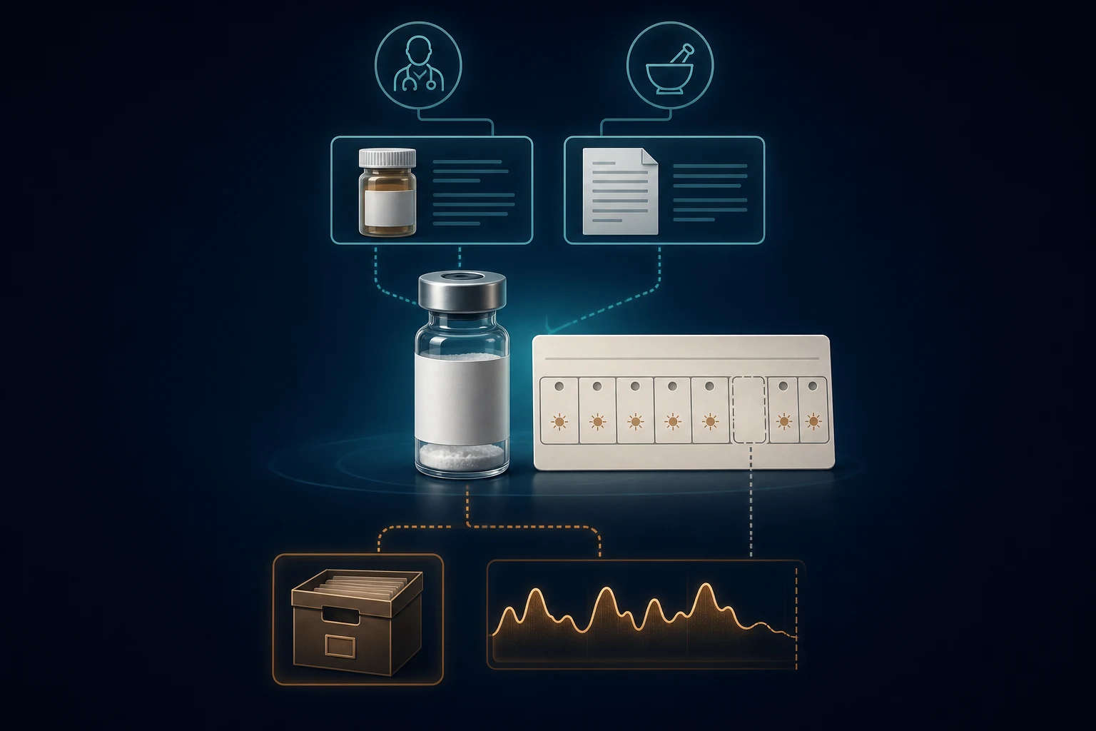 A blank compounded vial and empty schedule slot are governed by dispensing and prescription records, while an archive and hormone waveform terminate below the decision.