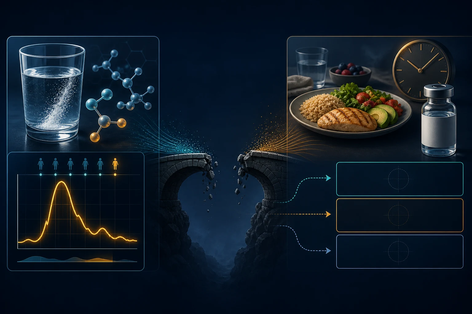 A controlled glucose challenge and acute hormone waveform stop at a broken bridge before an ordinary meal, blank vial, clock, and empty outcome panels.