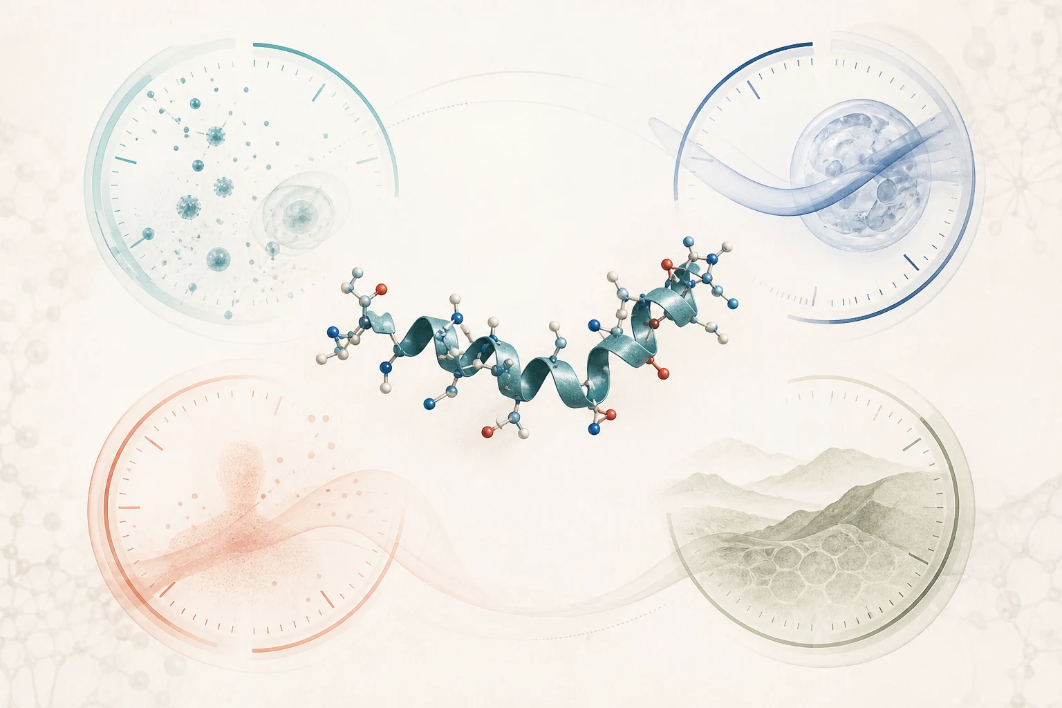 Four incomplete evidence clocks around an abstract peptide ribbon, showing that no validated adverse-event timeline exists; no text or harm depiction.