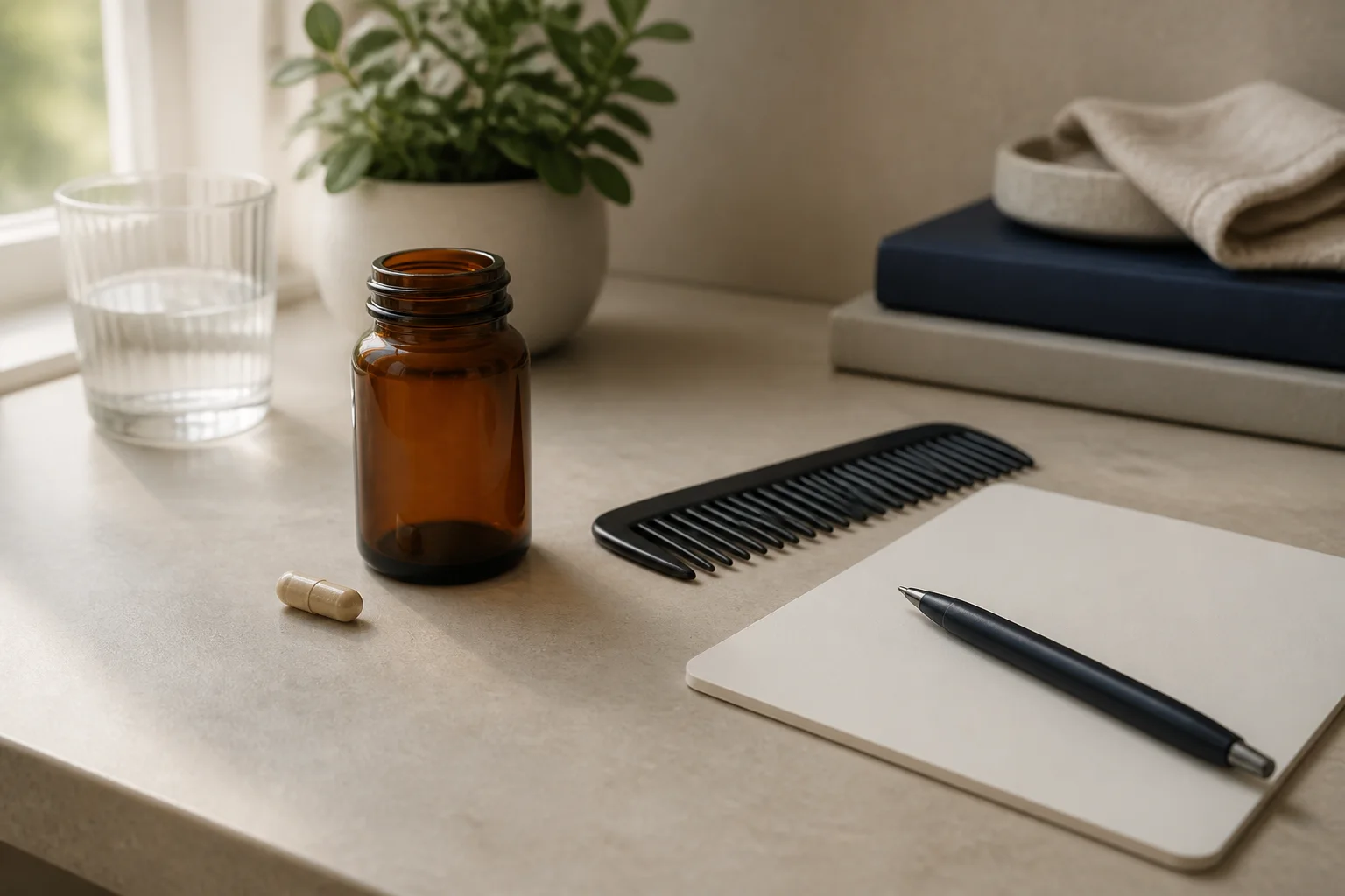 Unbranded capsule bottle, comb, and blank symptom record for a dutasteride stopping decision