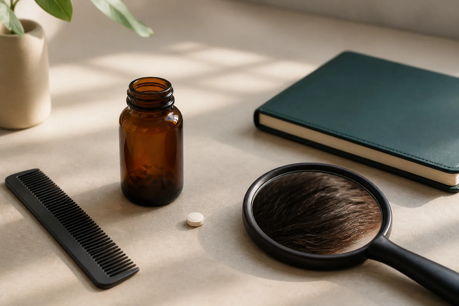 Finasteride discontinuation planning scene with one tablet, an amber bottle, a scalp mirror, a comb, and a blank notebook