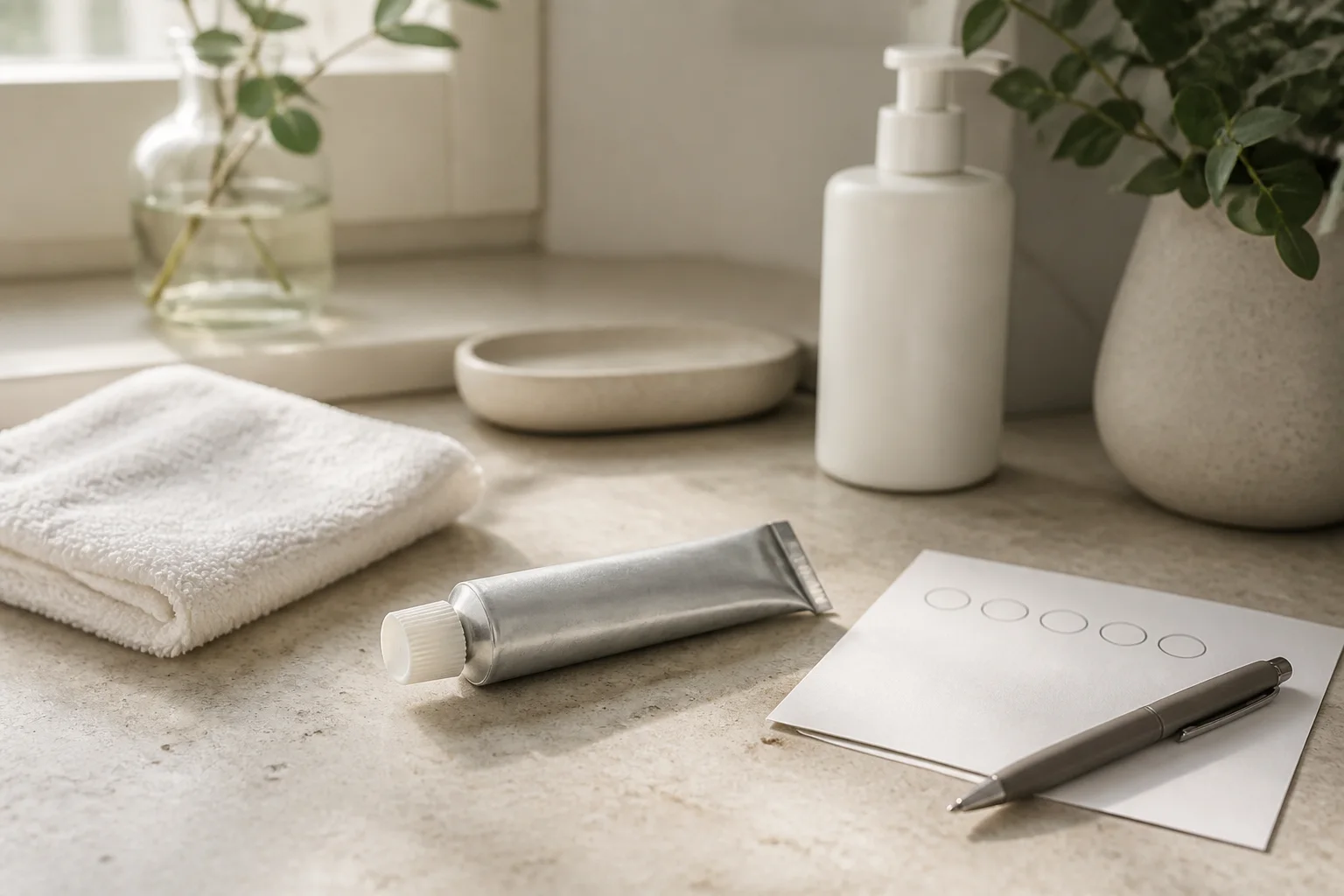 Unbranded topical cream tube, moisturizer, washcloth, and blank treatment schedule card