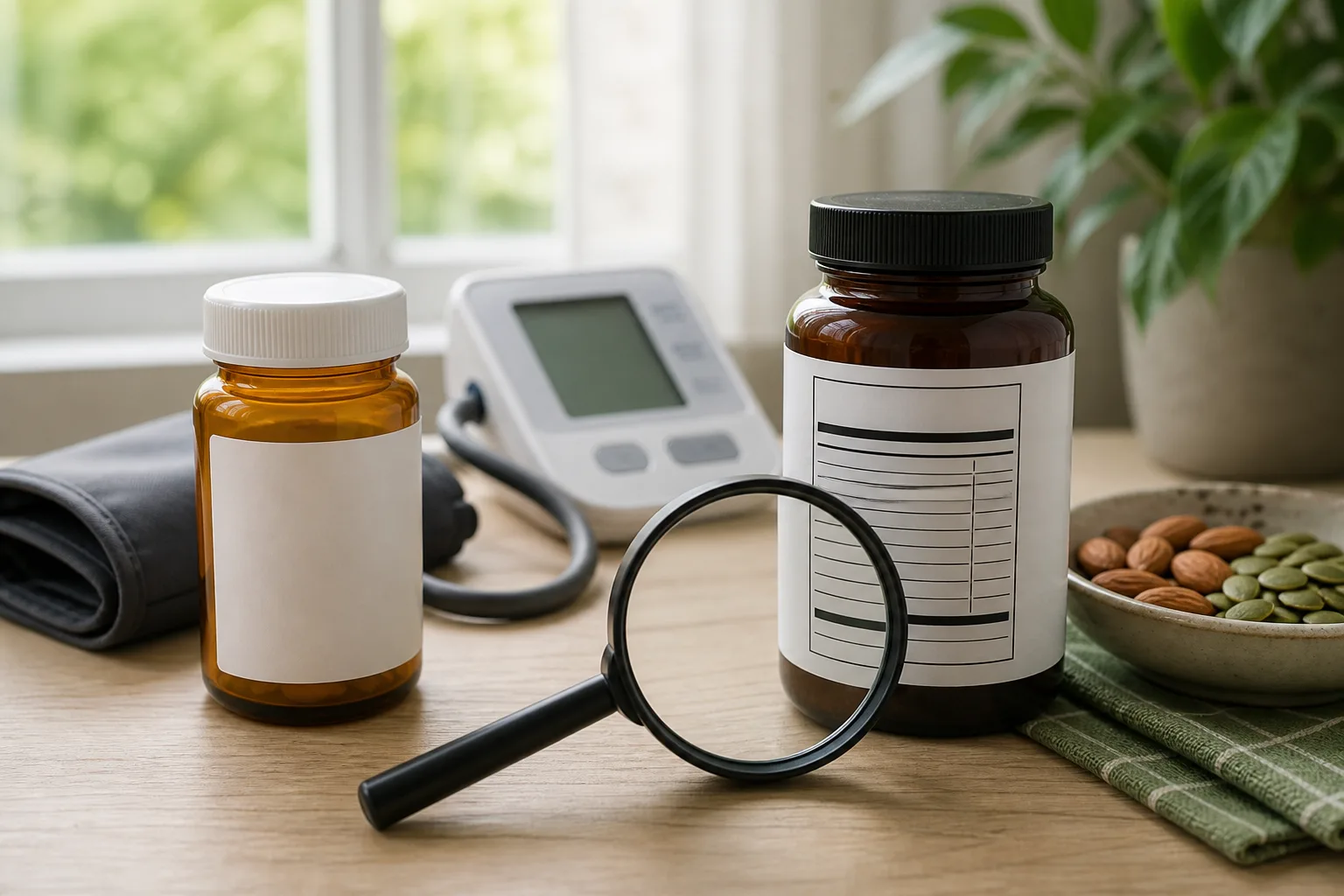Unlabeled medicine and magnesium containers, blood-pressure cuff, food sources, and magnified supplement panel