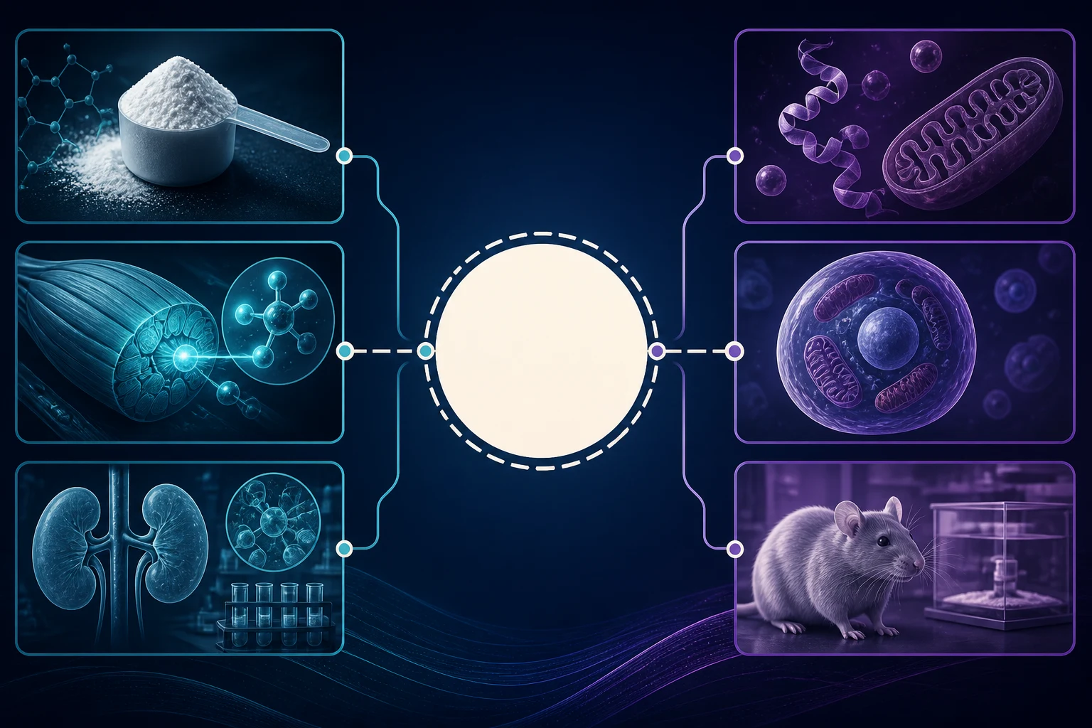 Creatine’s human supplement and kidney-marker evidence runs beside MOTS-c cell and mouse evidence, with an empty central combination-study cell.