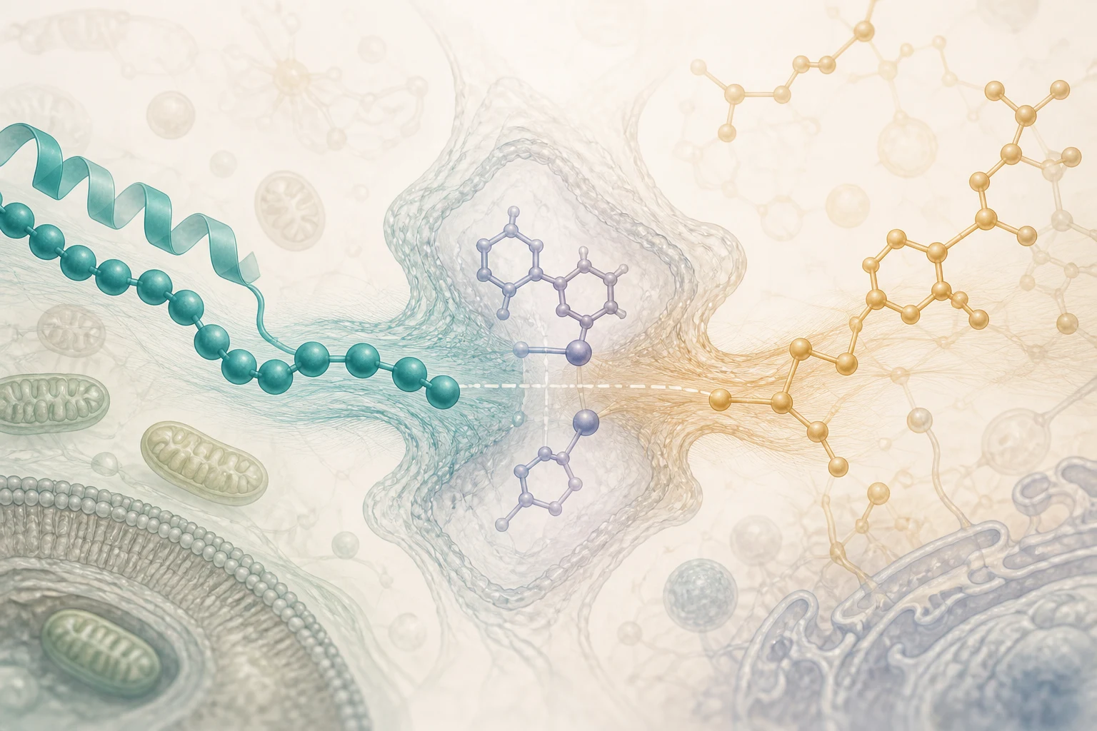 Distinct peptide and folate-linked molecular streams meeting at a cellular pathway with a visible evidence gap; no supplement advertising.