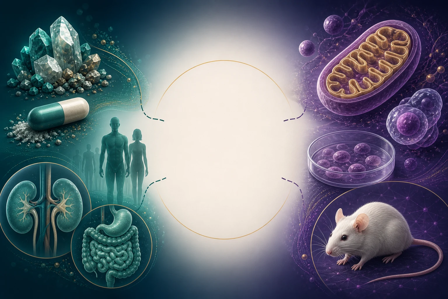 Magnesium's supplement, human, kidney, and gastrointestinal evidence runs opposite MOTS-c mitochondria, cell, and mouse evidence, leaving the human combination center empty.
