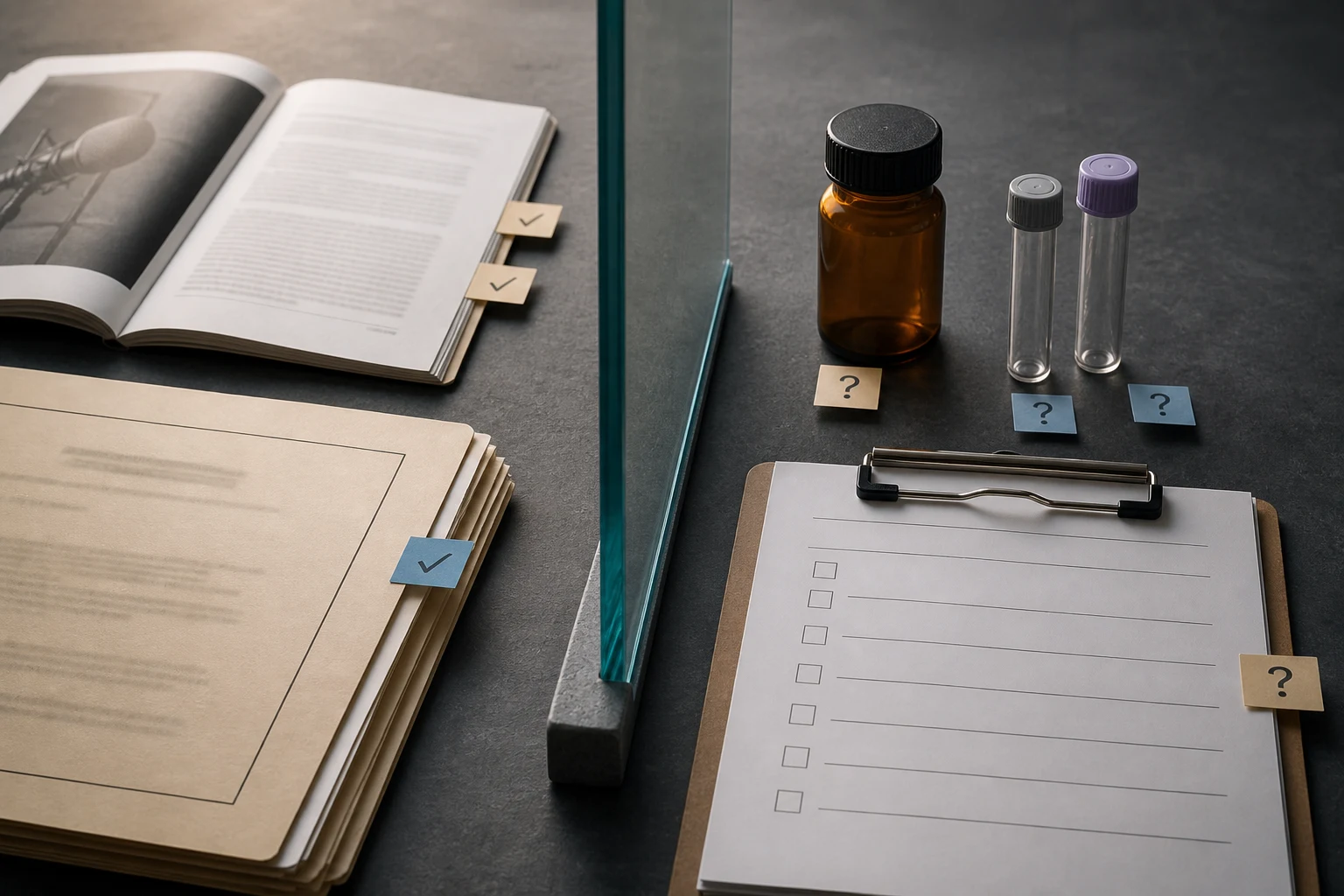 Interview and court records separated by glass from an unlabeled vial, lab tubes, and blank checklist