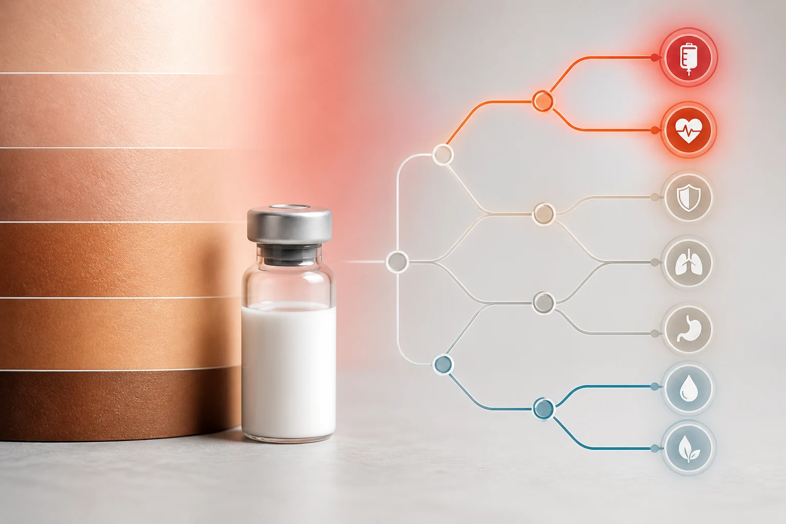 Inclusive skin-tone gradients branch toward calm and emergency pathways beside an unlabeled product vial without diagnosing the reaction.