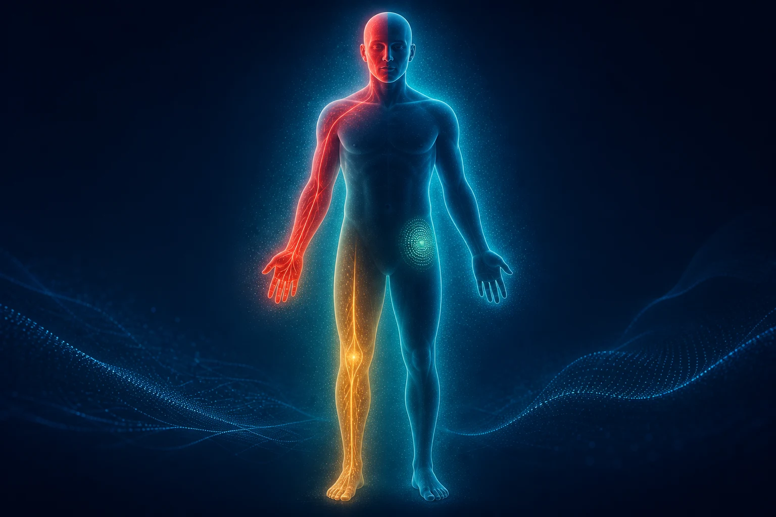An abstract body displays distinct unilateral, ascending, diffuse-sensitivity, and focal patterns without labels or diagnostic claims.