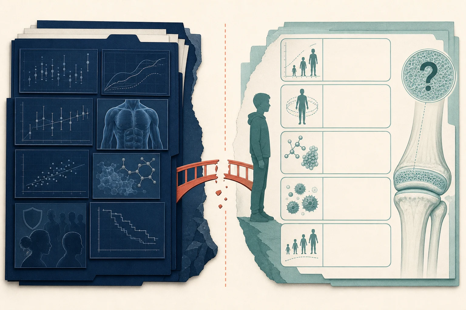A dark adult evidence archive ends at a broken bridge before an adolescent silhouette, blank developmental evidence domains, and an unresolved growth-plate question.