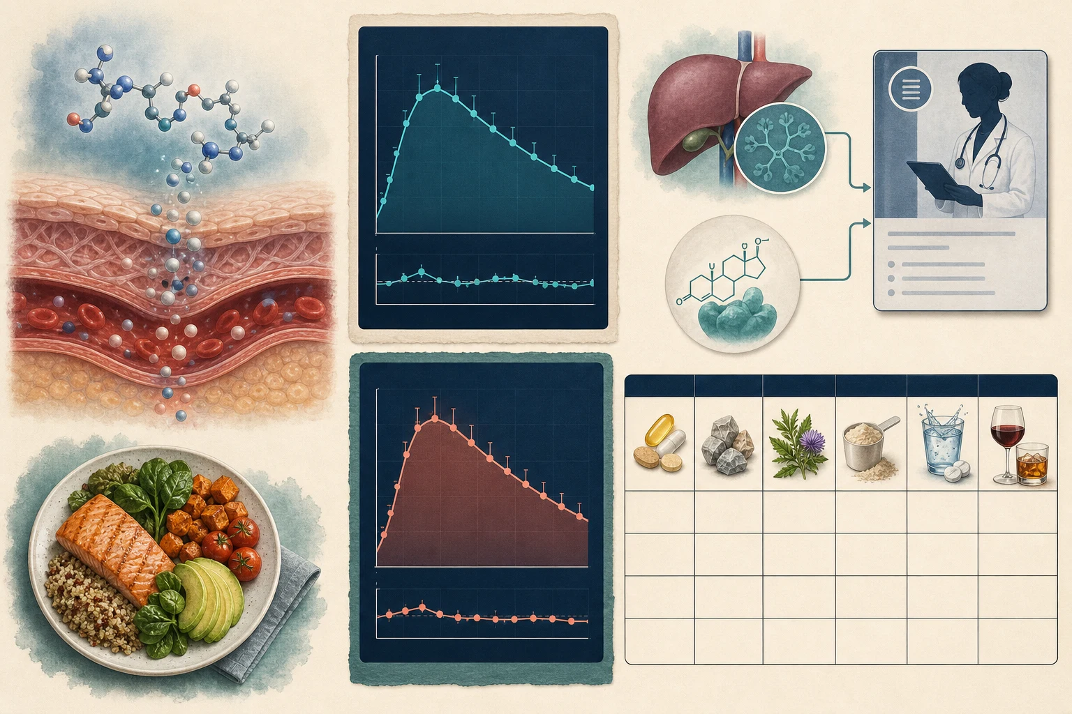 An abstract subcutaneous exposure, meal, two filled PK panels, clinician-reviewed liver and steroid paths, and a blank supplement matrix keep named evidence separate from untested combinations.