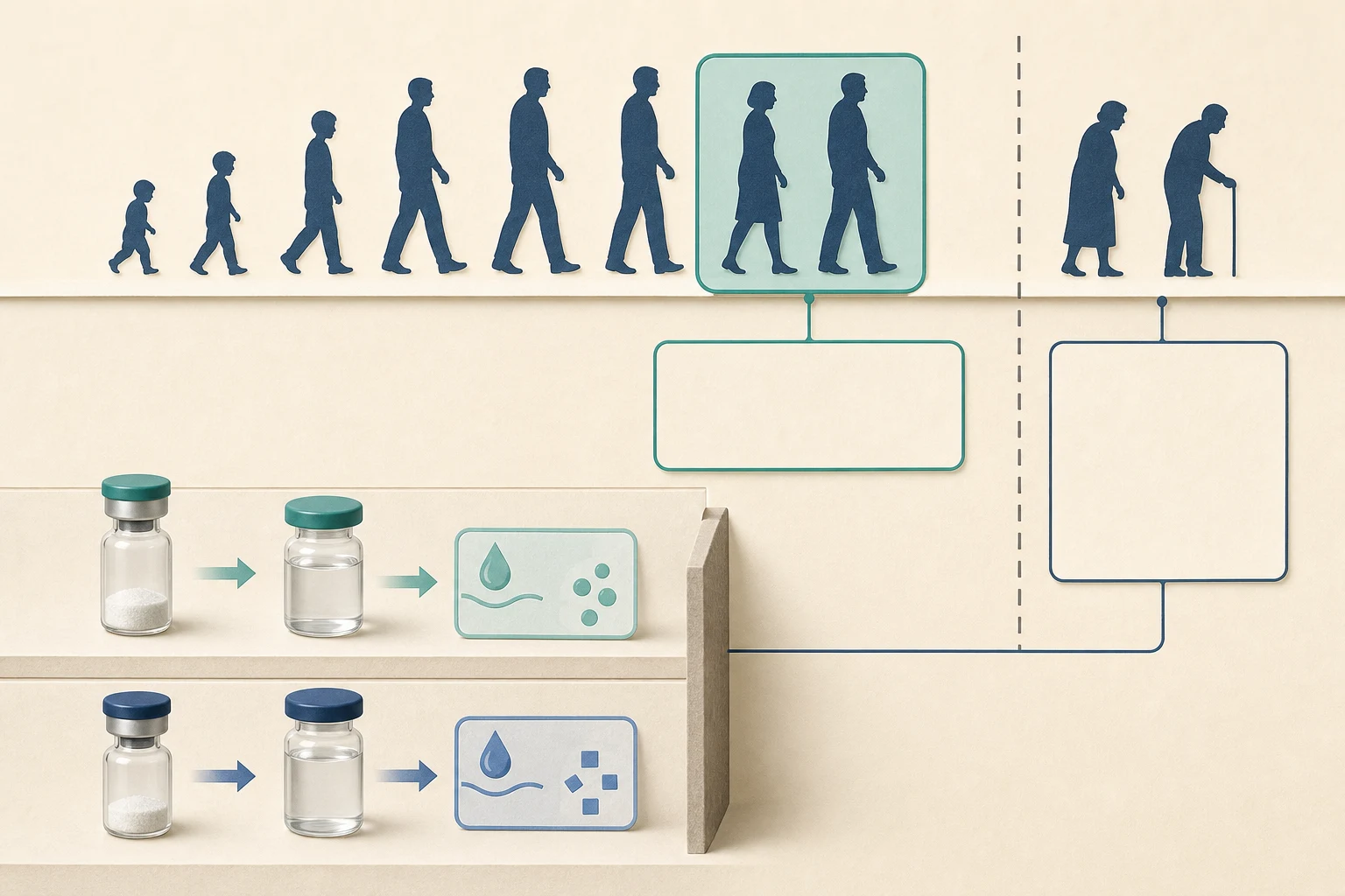 A highlighted later-middle-age window leads to an empty subgroup frame, an older-age zone sits beyond the evidence boundary, and separate vial-formulation tracks stop at a wall.
