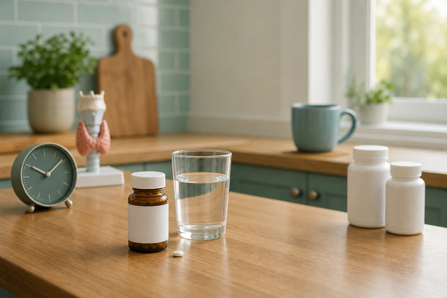 Levothyroxine bottle, water, clock, coffee, supplements, and thyroid model arranged for a timing review