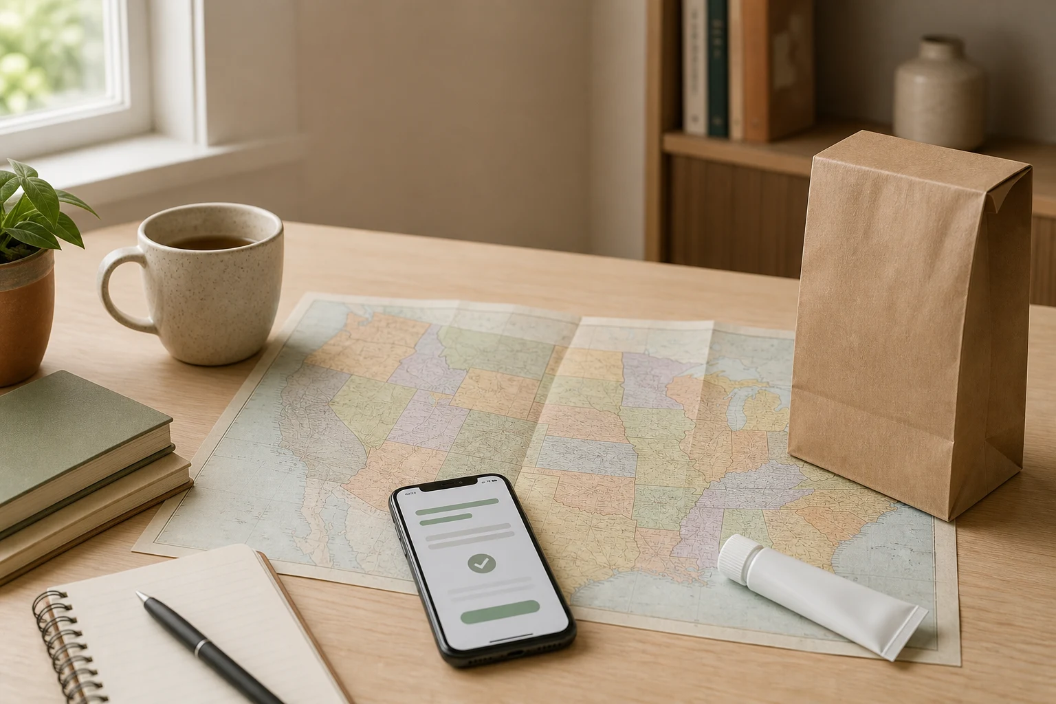 A map, telehealth intake screen, unbranded topical tube, and pharmacy bag representing the steps in state-by-state tretinoin access