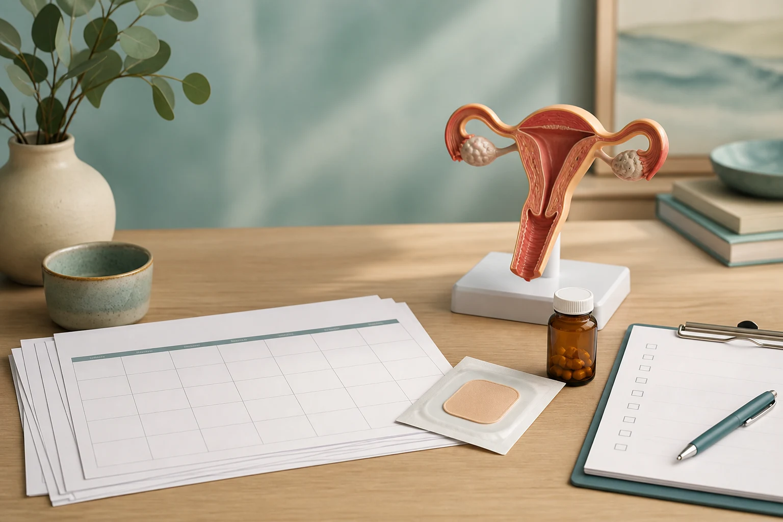 Calendar, hormone-therapy supplies, uterus model, and continuation checklist on a clinical desk