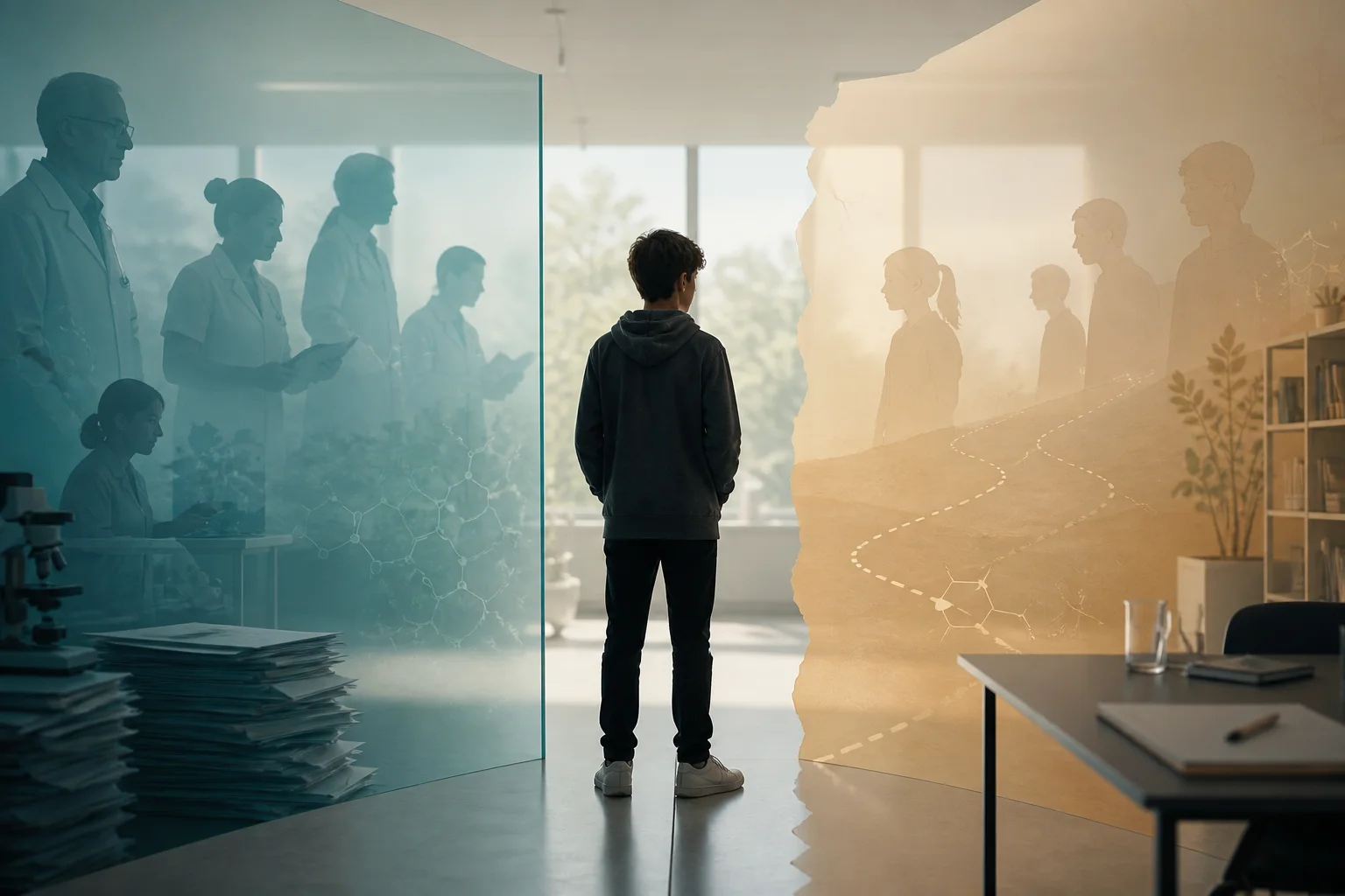 Teen silhouette at the boundary between adult tirzepatide evidence and an unfinished adolescent research path