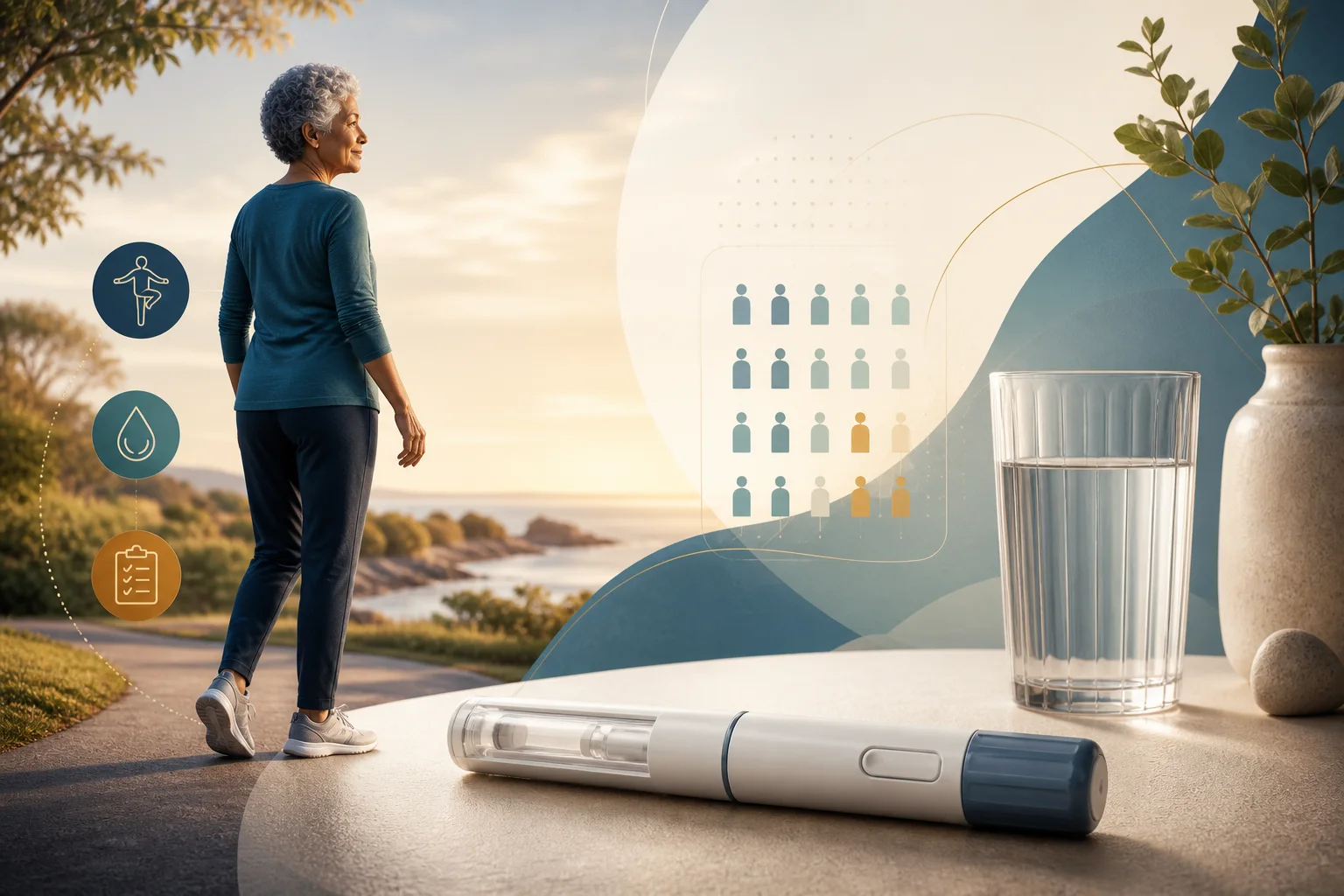 Active older adult beside an unbranded injection pen, hydration glass, and limited evidence cohort