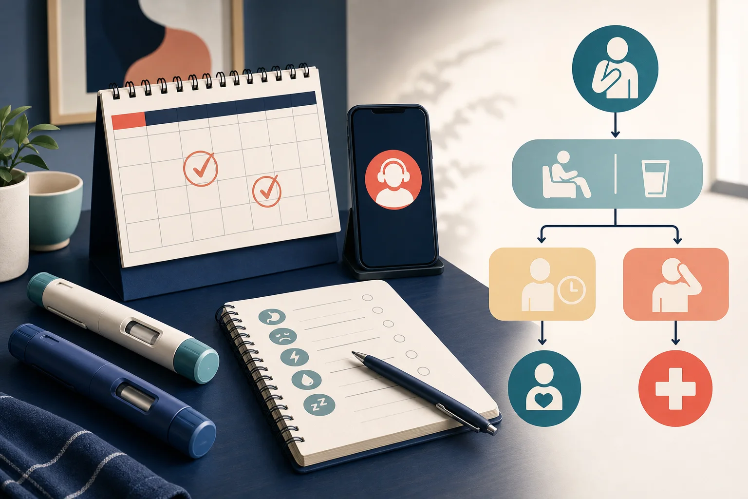 Two unbranded injection pens beside a dose calendar, Poison Help phone, and symptom record