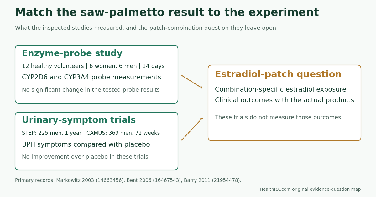 A 12-person enzyme-probe study and prostate-symptom trials of 225 and 369 men measured different outcomes. These studies do not establish a clinical interaction rate for saw palmetto taken with an estradiol patch.