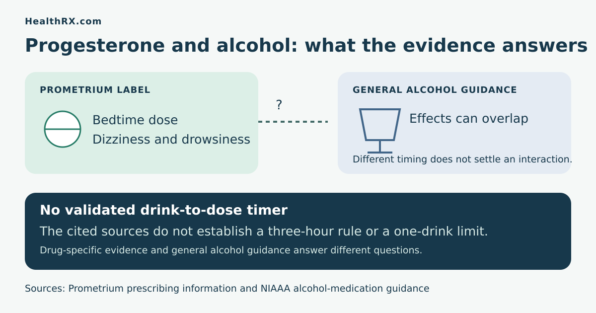 Evidence diagram distinguishing Prometrium label findings from general alcohol guidance and the unvalidated waiting interval.