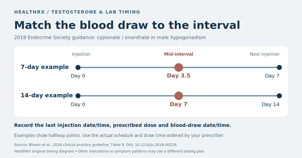 Illustrative mid-interval blood-draw positions for seven-day and fourteen-day testosterone schedules, scoped to the 2018 male-hypogonadism guideline; the prescriber chooses the actual interval and test timing.