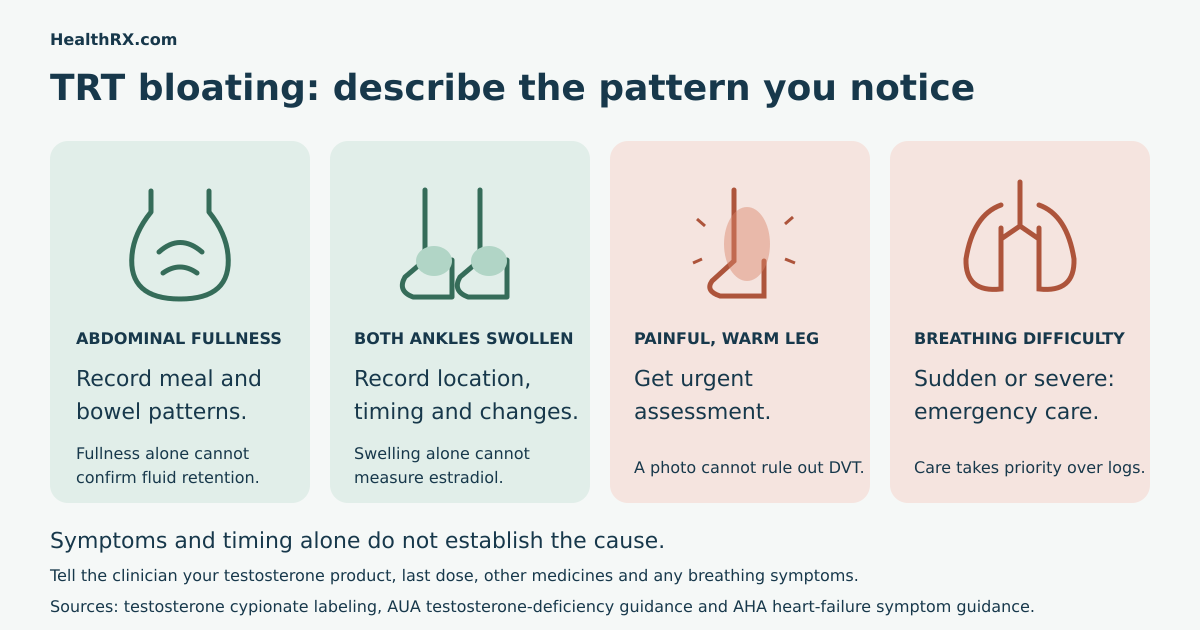 TRT symptom-pattern diagram distinguishing abdominal fullness, both ankles swollen, a painful warm leg and breathing difficulty.