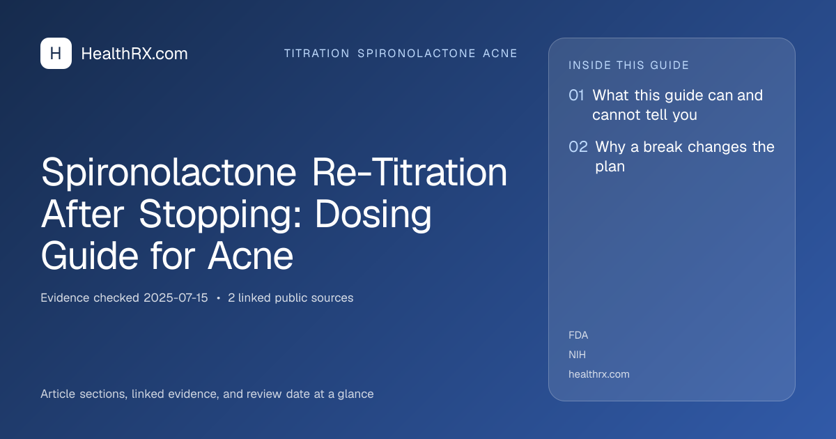 Evidence overview for titration spironolactone acne: Spironolactone Re-Titration After Stopping: Dosing Guide for Acne