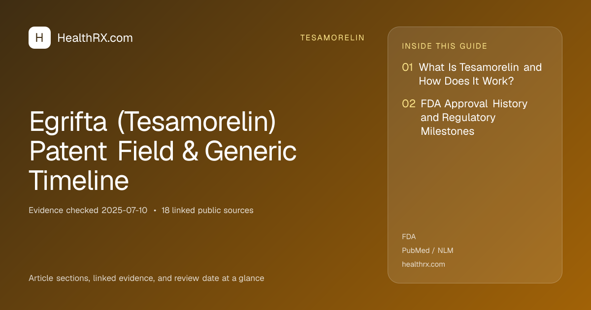 Evidence overview for Egrifta (Tesamorelin) Patent Field & Generic Timeline