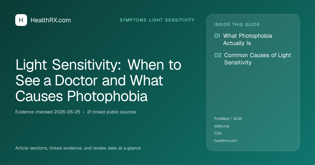 Evidence overview for symptoms light sensitivity: Light Sensitivity: When to See a Doctor and What Causes Photophobia