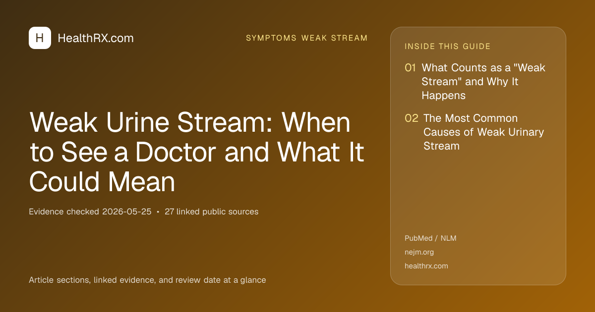 Evidence overview for symptoms weak stream: Weak Urine Stream: When to See a Doctor and What It Could Mean
