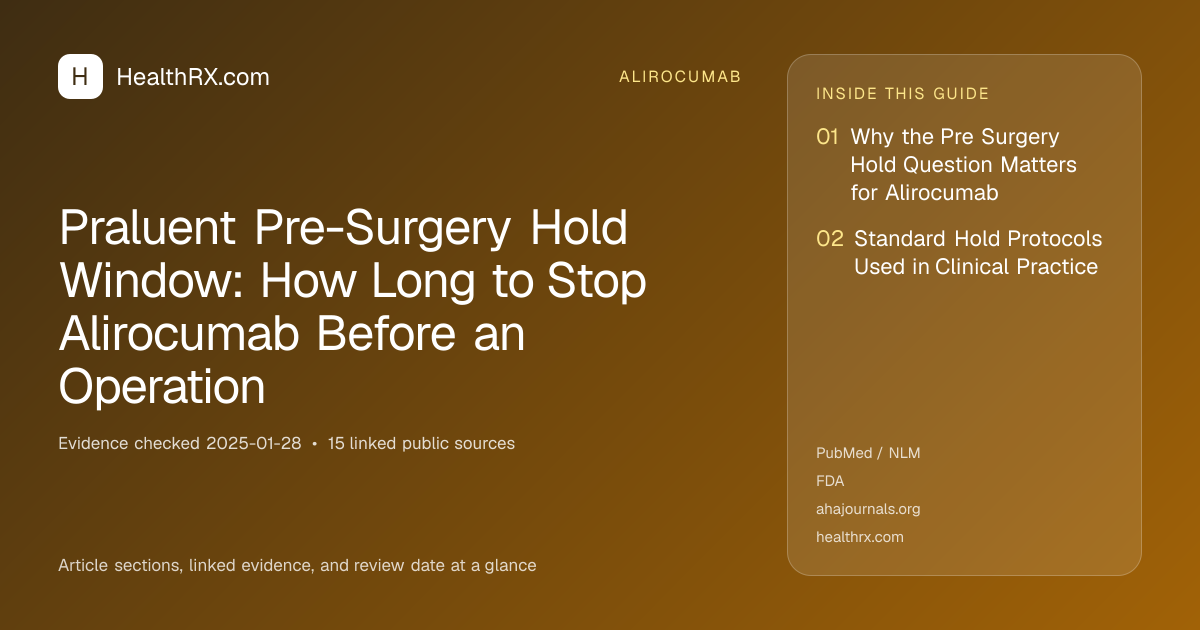 Evidence overview for alirocumab: Praluent Pre-Surgery Hold Window: How Long to Stop Alirocumab Before an Operation